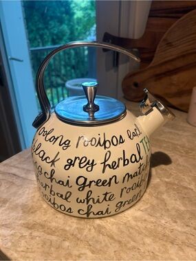 Kate Spade Cream Script Tea Kettle with Stainless Steel Lid and Handle